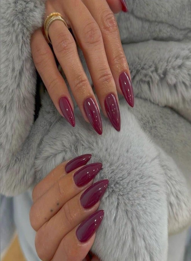 KQueenest Plum Press on Nails Medium Almond Stiletto, Glossy Gel Fake Nails Medium Pure Color, Purple Acrylic Nails Press ons Feature Protective UV Coating in 24 Pcs - Image 2